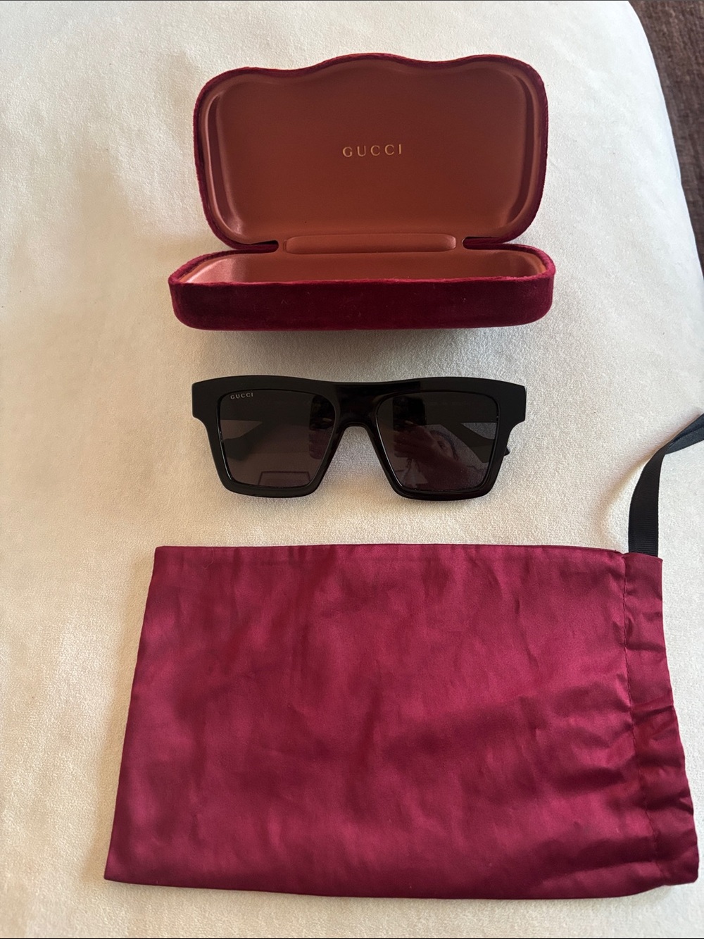 Gucci Black Square Sunglasses with Burgundy Case and Pouch